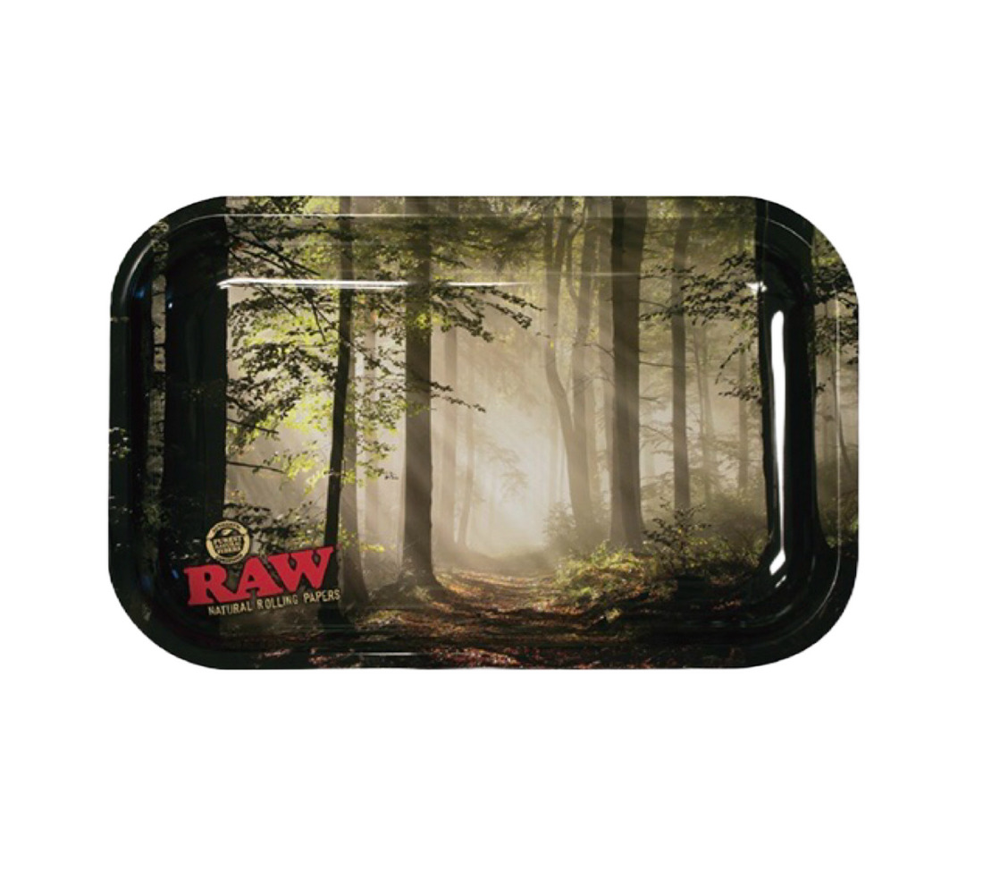 RAW small metal rolling tray. Features RAW® Forest graphic