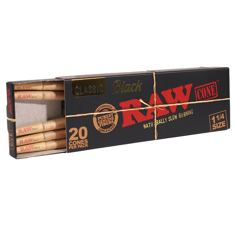 RAW Black Pre Rolled Cones - Size 1 1/4 / 20 Pack