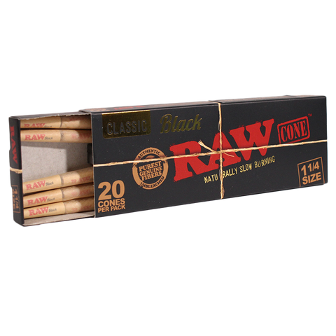 RAW Black Pre Rolled Cones - Size 1 1/4 / 20 Pack